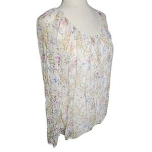 100% Silk Boho Peasant Blouse Floral Women's Top Scoop Neck Large Viola Borgi